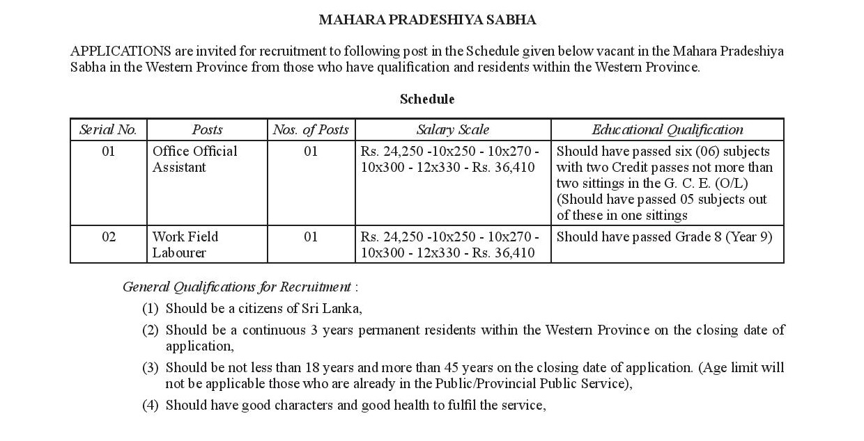 Office Official Assistant, Work Field Labourer - Mahara Pradeshiya Sabha